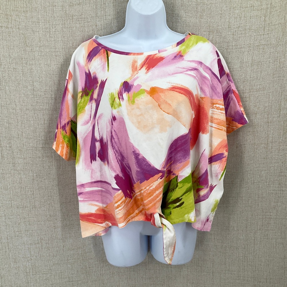 Chico's Top Women XL Multicolor Cotton Abstract Tie Front‎ Short Sleeve Artistic